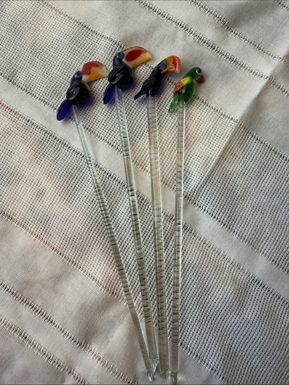 Vintage Glass Bird Swizzle Sticks Lot of 4 Toucan Parrot Cocktail Stirrers